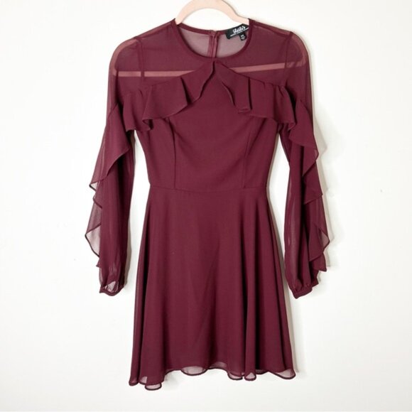 LULUS Quiet Grace Burgundy Long Sleeve Dress Burgundy Sheer Size XS - Picture 4 of 16